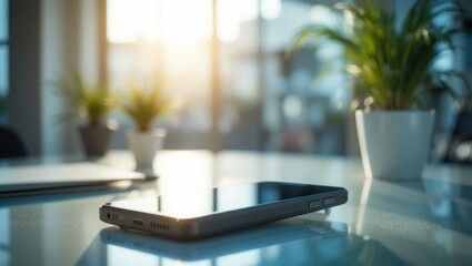 Smartphone on a Glass Table with Sunlight Streaming Through Windows and Indoor Plants in Modern Office