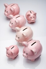 Piggy banks in the shape of pigs, standing in a row on a white background, stock photo isolate