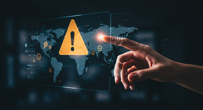 A hand interacts with a digital display showing a world map and a warning icon, symbolizing global alerts and technological risk.