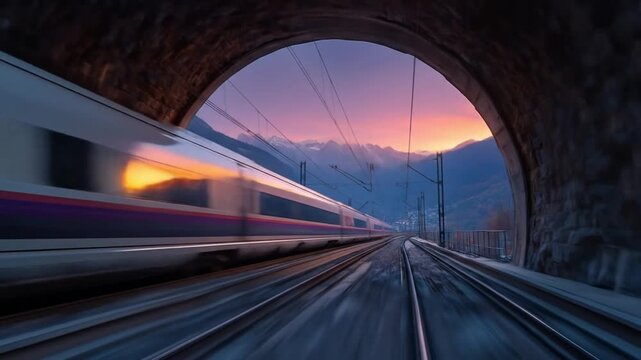 A fast train emerges from a stone tunnel at dusk; light trails race along rails toward distant ridge