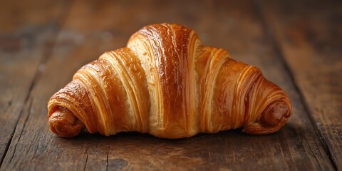 Flaky Golden Croissant on Rustic Wooden Surface