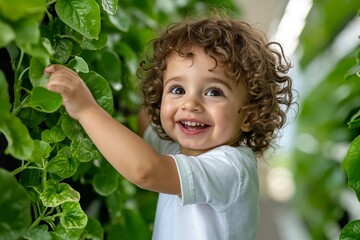 A small child with curly hair reaching for a plant