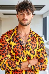 A man in a leopard print shirt with his arms crossed