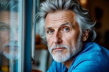 A man looking out of a window at the camera