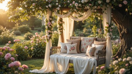 Serene Garden Seating Area Adorned With Floral Decorations, Drapes And Sunlight In Summer Evening