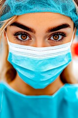 A woman wearing a surgical mask in a hospital setting