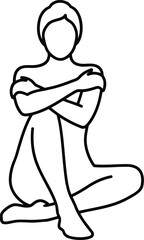 Minimalist line art drawing of a woman sitting in a relaxed pose with arms crossed embracing herself peaceful serene vector