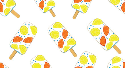A vibrant and refreshing seamless pattern of fruit popsicles decorated with lemon and orange slices and blue sprinkles, set against a clean white background.