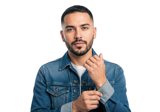 Young man confidently posing in denim jacket against a plain background while adjusting his clothing