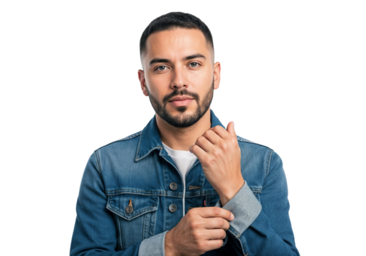 Young man confidently posing in denim jacket against a plain background while adjusting his clothing