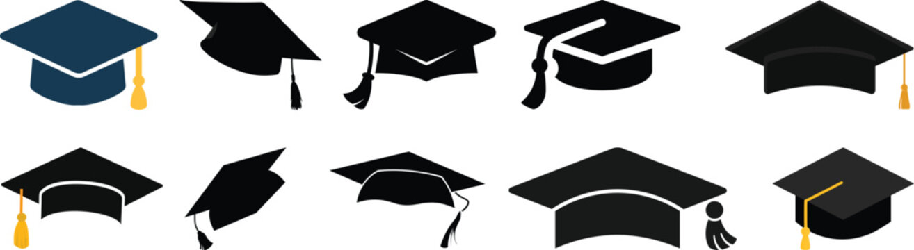 Graduation cap icon set, university or college graduation hat icon, student graduation cap , student hat outline and filled vector sign. Education symbol, logo silhouette vector
