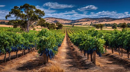 Naklejka premium Expansive Rows of Grape Vines in Barossa Valley - Scenic South Australia's Vineyards Amidst Blue Skies