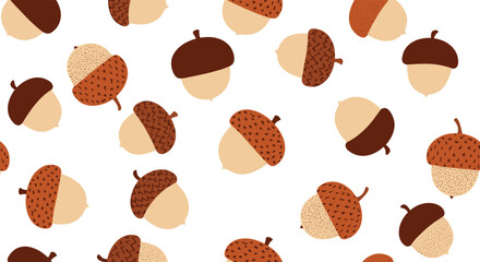 Delightful autumn-themed seamless pattern showcasing an assortment of stylized acorns with textured caps in warm earth tones on a white backdrop.