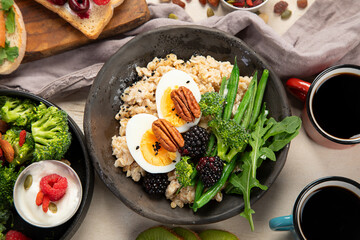 Breakfast superfoods, vegetarian food concept. Healthy lifestyle.