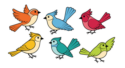 A vibrant collection of six cute cartoon birds in various bright colors with distinct features, illustrated against a clean white background.