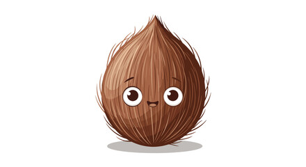 A cute and friendly cartoon coconut character with a happy face, big eyes, and textured husk, sitting on a white background.
