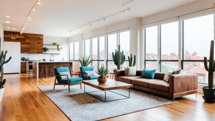 Modern and Spacious Living Room with Large Windows and Stylish Furniture Overlooking a City View