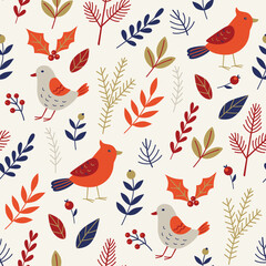 Seamless winter holiday pattern with cute folk art birds, festive holly berries, and decorative branches