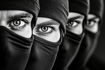 A group of three men wearing black masks with their eyes open