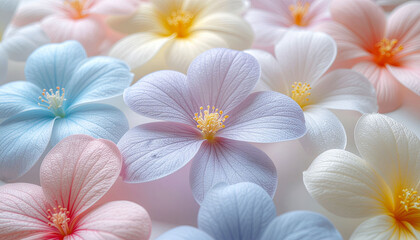 Fototapeta premium Delicate pastel flowers in soft focus create a serene, romantic, and ethereal atmosphere perfect for beauty and wellness branding
