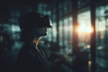 Exploring New Realities: A Woman's Journey into the World of Virtual Reality as the Sun Sets in the Background