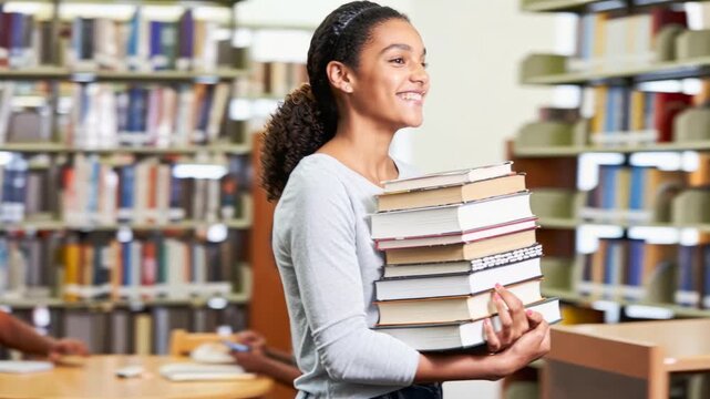Young smiling black woman holding a thick stack of books walking through a library with blurred bookshelves and students studying in the background