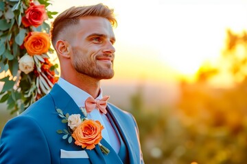 A man in a blue suit with a pink bow tie and orange flowers