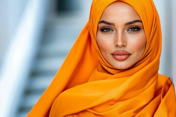 A woman wearing a bright orange headscarf poses for a picture