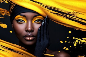 A woman with yellow and black makeup and a black hat