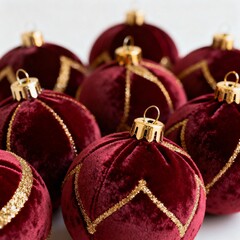 Burgundy velvet christmas ornaments adorned with gold glittery patterns resting on a surface. Perfect for holiday backgrounds, festive designs.