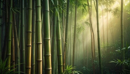Sunlit bamboo forest, misty atmosphere, dense green stalks