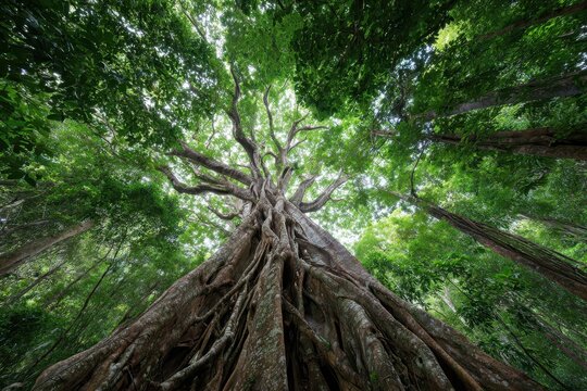 Majestic Strangler Fig: A Stunning Low Angle Perspective of a Giant Tree in Queensland's Lush Rainforest