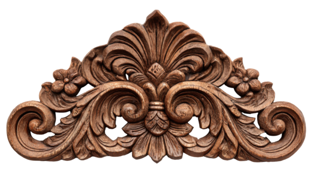Ornate wooden architectural carving featuring floral and foliate elements, symmetrical design.