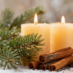 Two candles, pine sprigs, and cinnamon sticks on snowy background. Perfect for holidaythemed designs, winter concepts, and seasonal graphics.