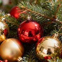 Shiny red and gold christmas ornaments on green pine branches. Festive holiday decorations for greeting cards, posters, and social media.