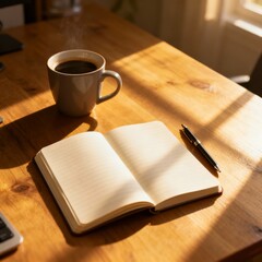 Warm cup notebook and pen on wooden desk ideal for cozy workspace scenes, productivity concepts, study or work from home.