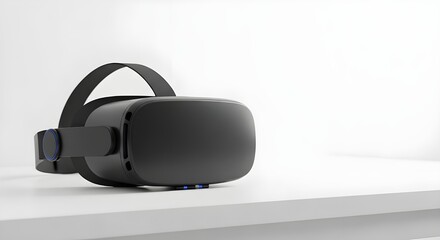 VR headset placed on a sleek white desk next to motion controller devices, with fully white background.

