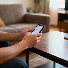 Person using smartphone in cozy living room, suitable for technology, smart devices, communication, and modern lifestyle concepts in design projects.