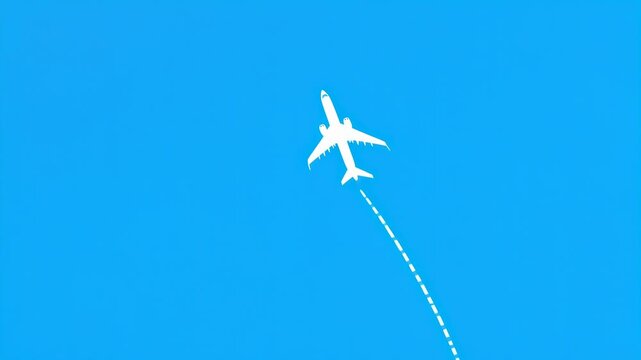 White airplane flying steadily upwards to the left against a clear blue sky leaving a dashed white contrail, with smooth camera movement keeping the plane centered