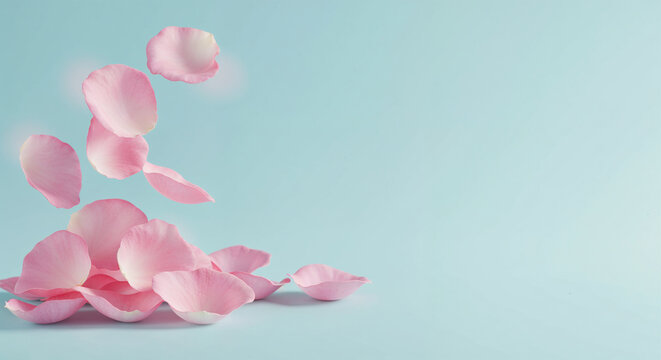 Pink rose petals falling against a light blue background image photo