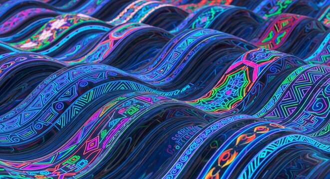 Vibrant abstract wavy pattern with colorful neon designs and gradient hues on a dark background - Powered by Adobe