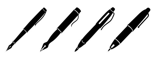 Four black silhouette fountain pens and ballpoint pens on a, representing writing instruments and stationery