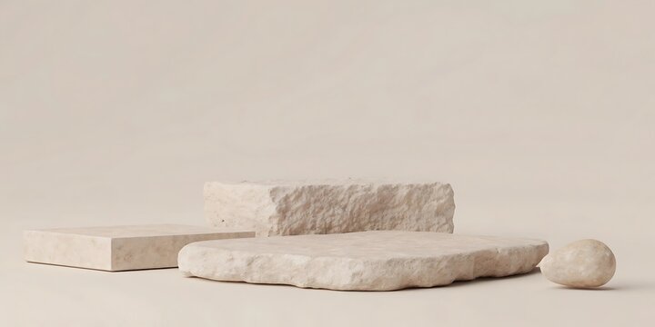 Minimalist neutral stone and textured organic shapes arranged on a plain background for product display and cosmetic presentation
