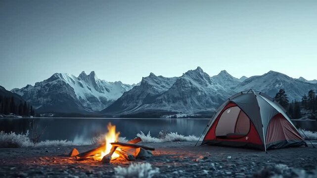 Camping by a peaceful lake with a cozy tent and a crackling campfire amidst majestic mountains. 4k video