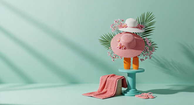 Summer Hats and Beach Accessories Display with natural