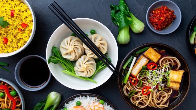 Top-down view of a vibrant Asian meal with colorful noodles, soy sauce, golden fried rice, steamed dumplings with greens, tofu noodle soup, and white rice with shrimp and peas on a dark surface