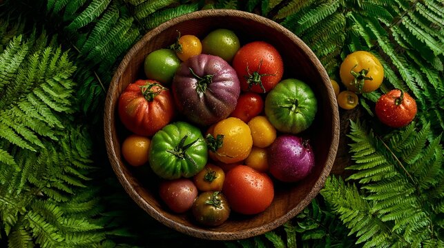 Vibrant, fresh heirloom tomatoes glistening with water droplets in a rustic wooden bowl surrounded by lush green ferns