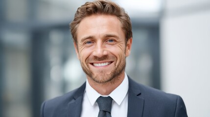Fototapeta premium A professional man dressed in a suit smiles confidently in a modern office environment.