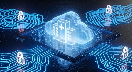 Futuristic digital cloud healthcare security concept showing hospital icon in cloud network, representing medical data protection, cyber security, and smart healthcare technology innovation.