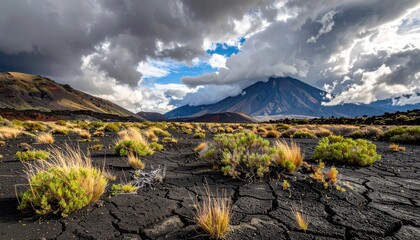 Dramatic clouds over a volcanic landscape with sparse vegetation and cracked earth under bright sunlight